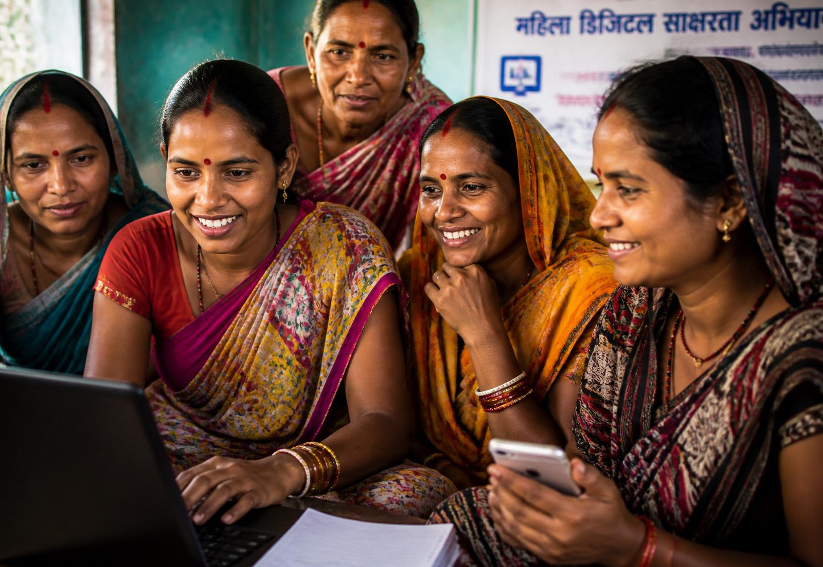Women learning AI tools together on a laptop and smartphone
